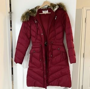 Shelli Segal Red Fur Trim Hooded Cinched Waist Feather Down Puffer Parka Coat